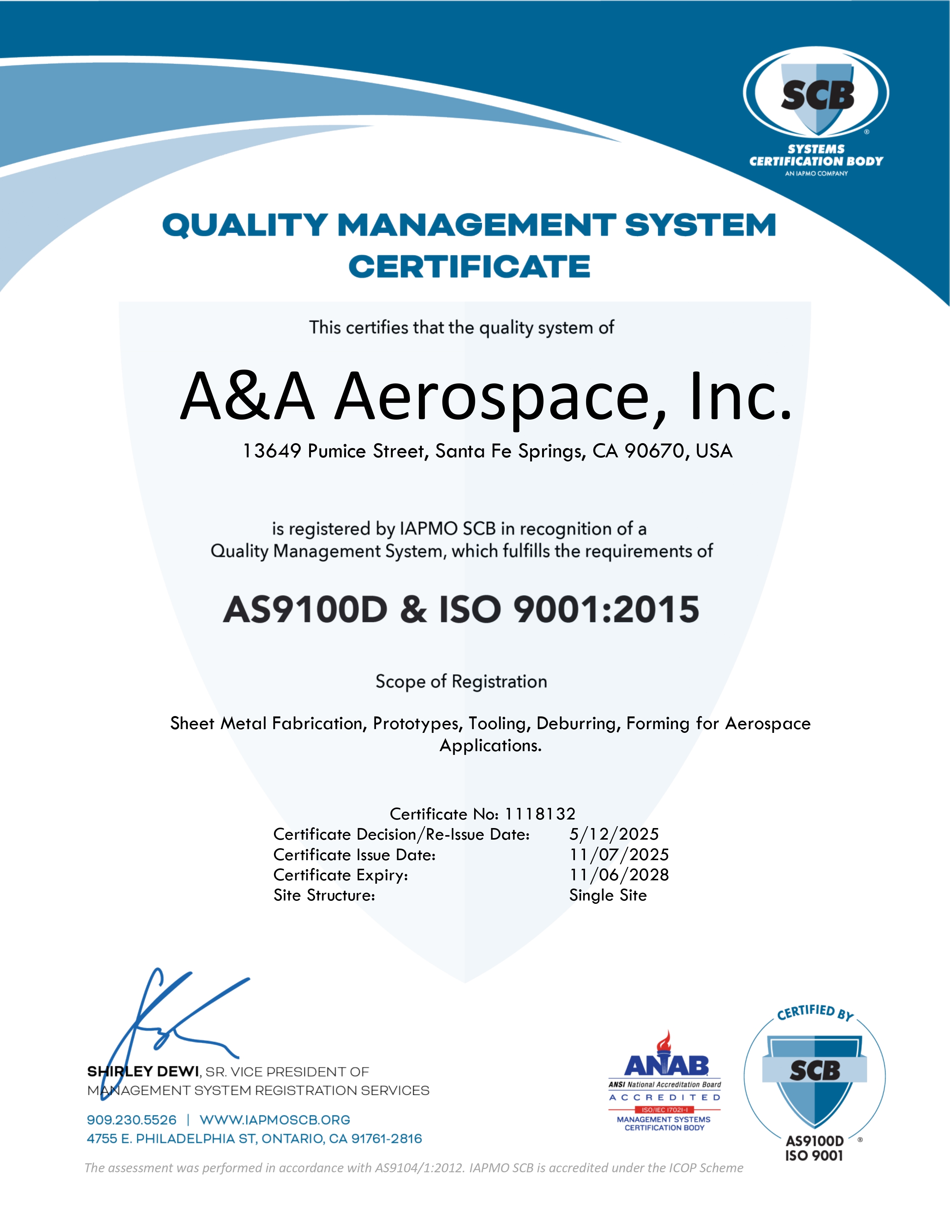 A&A Aerospace AS9100D & ISO 9001:2015 Quality Management System Certificate